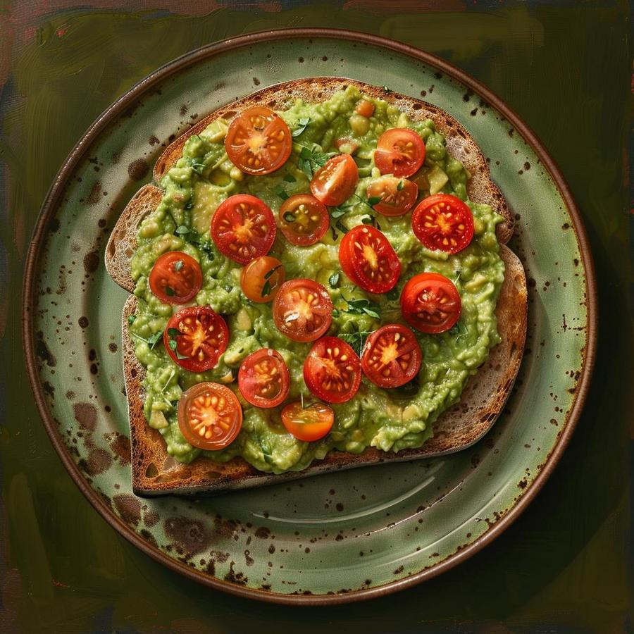 Image of assembling guacamole toast recipe with avocado, bread, and toppings.