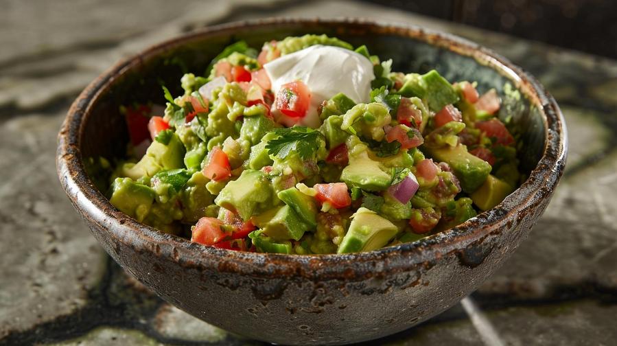 "Fresh guacamole recipe with sour cream, perfect for storing and serving. Delicious!"