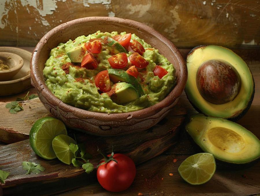 Alt text: Fresh guacamole dip with cumin served in a stylish bowl.