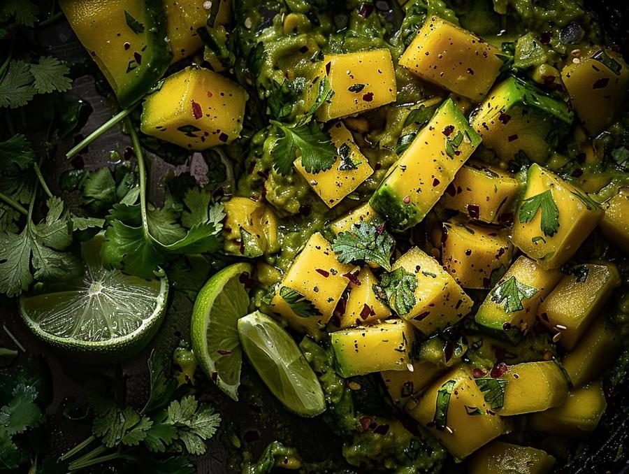 Alt text: A colorful serving platter with delicious mango guacamole dip recipe.