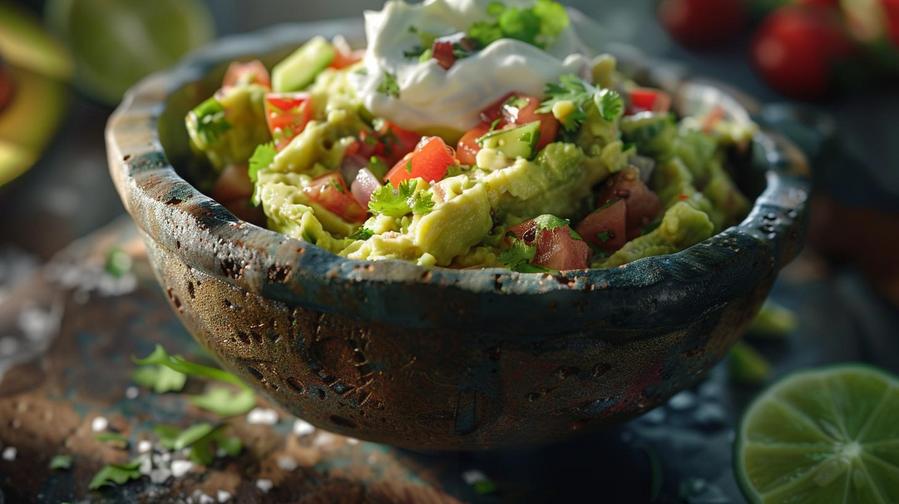"Various versions of a guacamole recipe with sour cream showcased side by side."