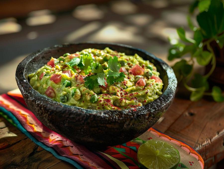 "Colorful bowl of green pea guacamole recipe with garnish - serving suggestions."