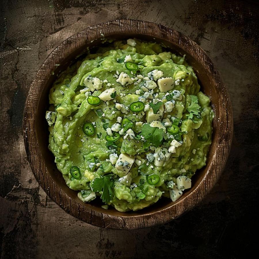 Alt text: Step-by-step guide for preparing a delicious blue cheese guacamole recipe.