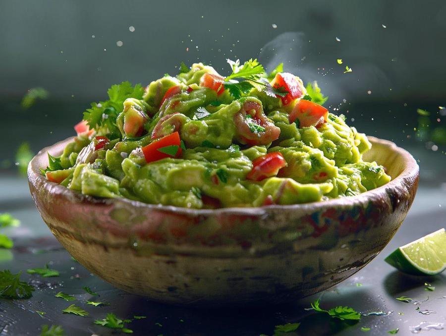 Image of a delicious and colorful healthy guacamole recipe with various ingredients.