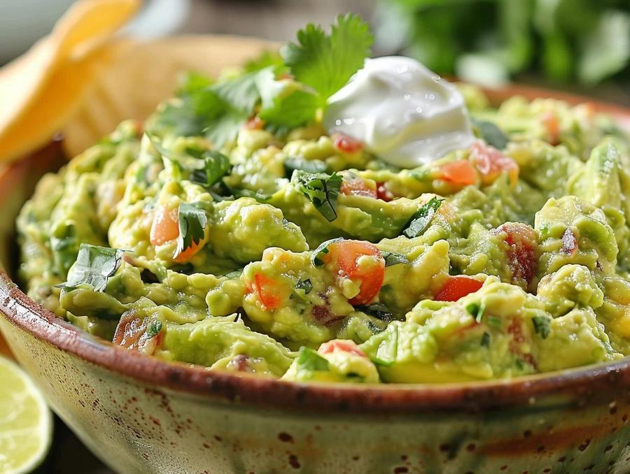 Freshly prepared Qdoba Mexican Grill guacamole dip served in a bowl.