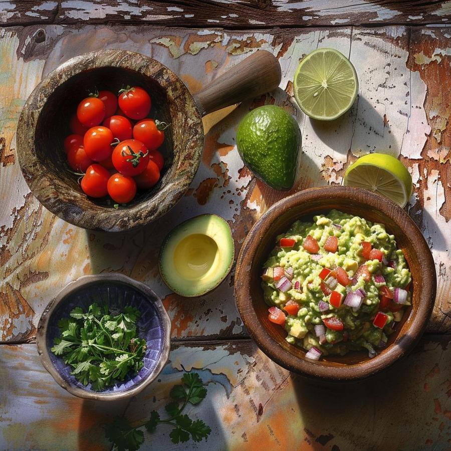 Alt text: Kitchen utensils and fresh ingredients for the guacamole recipe using 2 avocados.