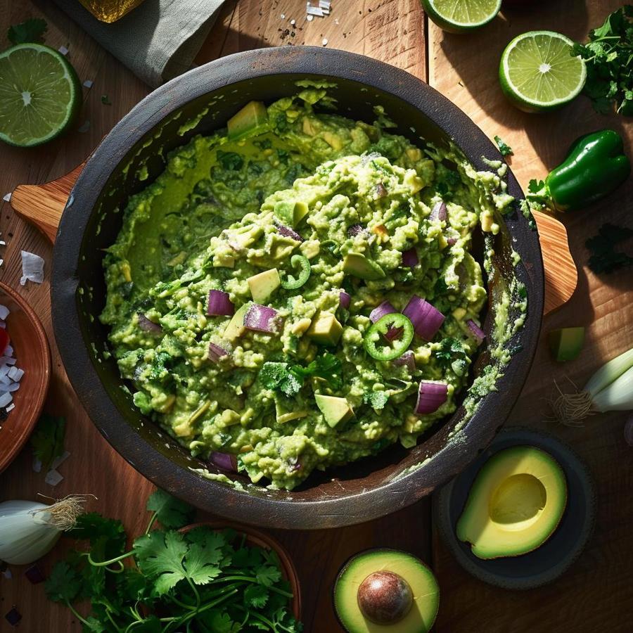 Alt text: Fresh produce and spices for chipotle recipe for guacamole.