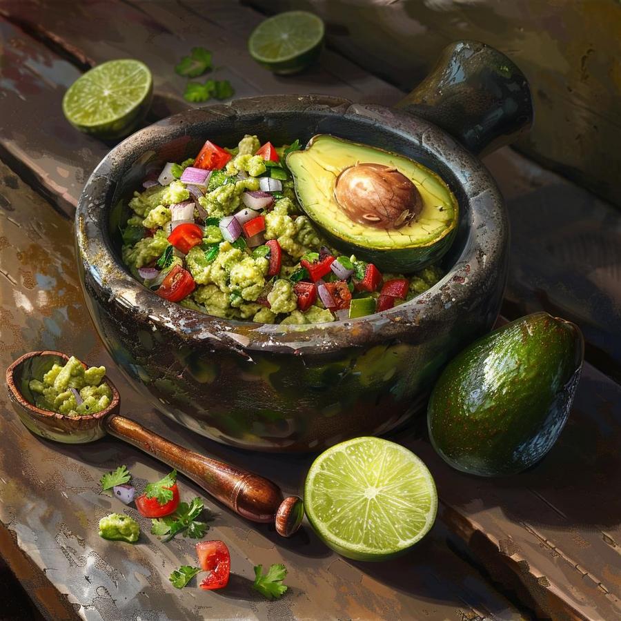Alt text: Step-by-Step Guacamole Preparation - Fresh ingredients for guacamole recipe with 2 avocados.